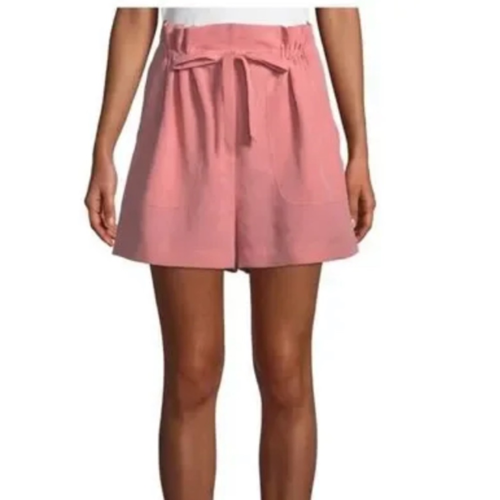 REBECCA TAYLOR Pink Slub Cotton-Linen High-Waisted Paperbag Waidt Tie Shorts, XL